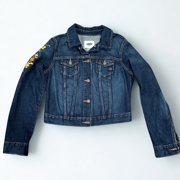 Upcycled Denim Jacket Old Navy Cropped Jean Jacket Small Retro Floral Embroider - Picture 2 of 8